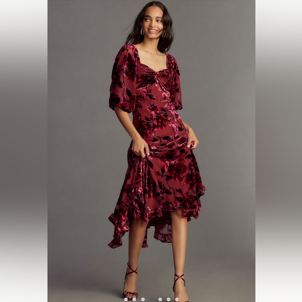 Hutch Printed Twist Front Puff Sleeve Velvet Dress